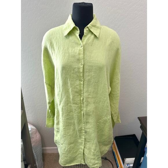 CHICO’S | 100% Linen Button Front Shirt Tunic Lime Green  | Size 2 Large - Picture 2 of 5